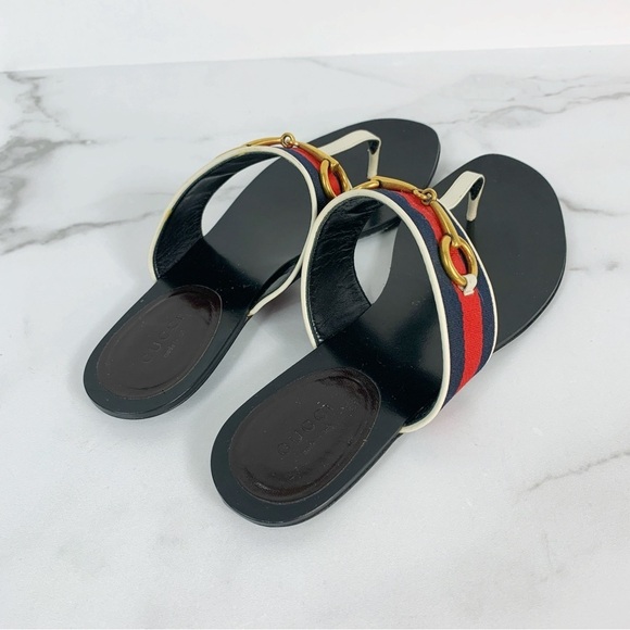 Gucci Querell Horsebit Web Stripe Logo Leather Thong Sandals EU 39 - Picture 8 of 15